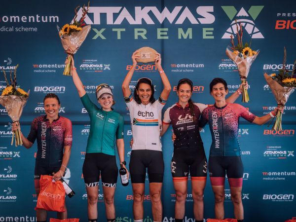 Sarah Hill on the podium at Attakwas Extreme 2022